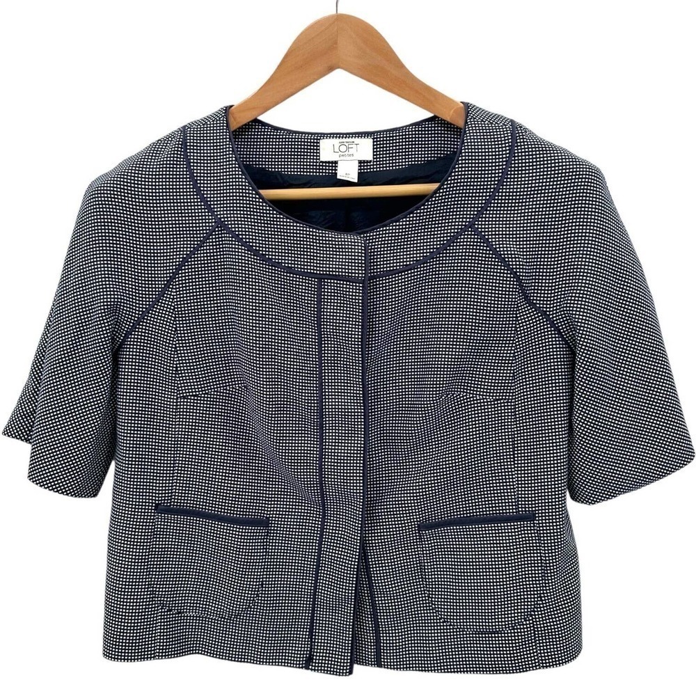 🍀 Ann Taylor LOFT Blue Microdot Hidden Snap Front Piping Cropped Jacket Size 8P